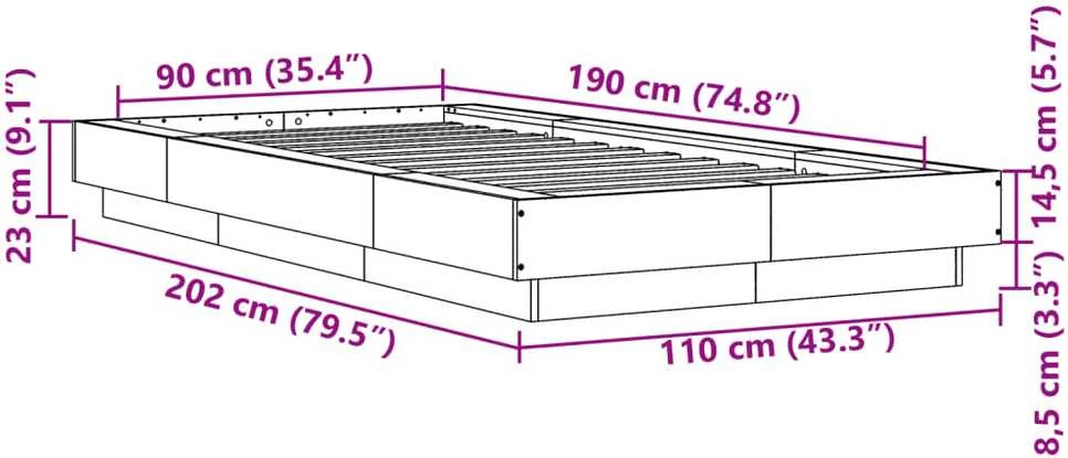 Lovos rėmas su LED, betono pilkas, 90x190cm, apdirbta mediena