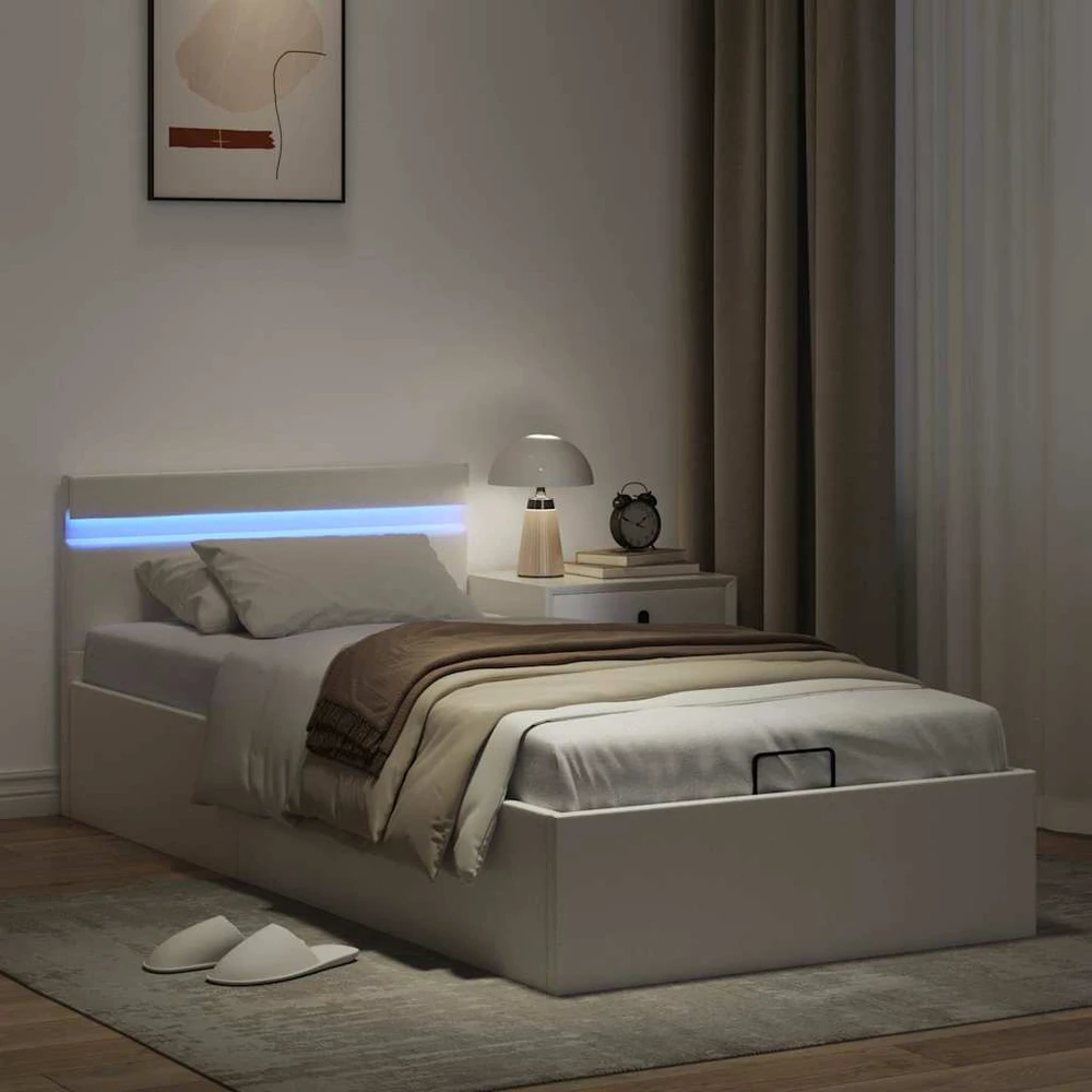 Lovos rėmas su LED/daiktadėže, baltas, 100x200cm, dirbtinė oda