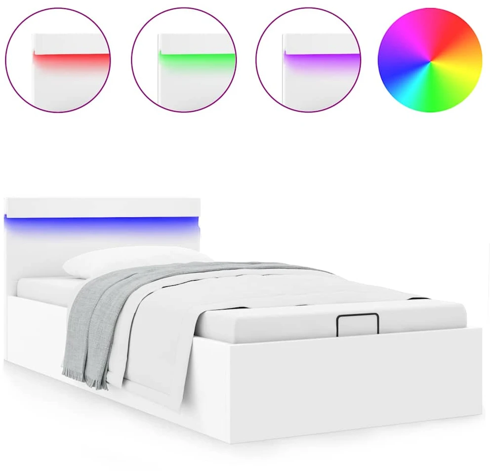 Lovos rėmas su LED/daiktadėže, baltas, 90x200cm, dirbtinė oda