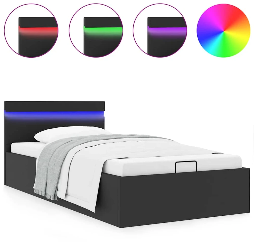 Lovos rėmas su LED/daiktadėže, juodas, 90x200cm, dirbtinė oda