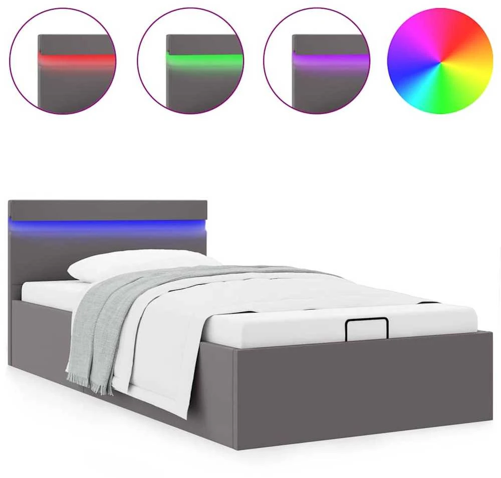 Lovos rėmas su LED/daiktadėže, pilkas, 90x200cm, dirbtinė oda