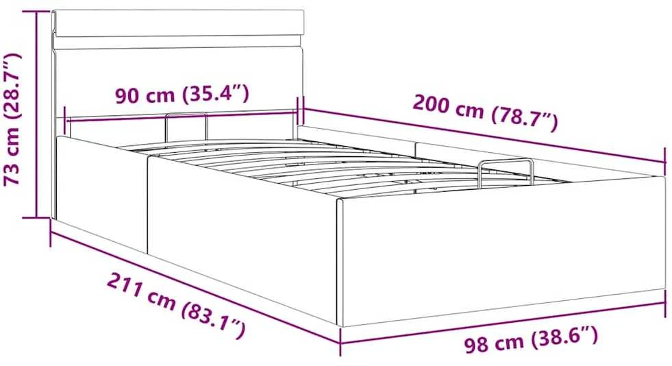 Lovos rėmas su LED/daiktadėže, pilkas, 90x200cm, dirbtinė oda