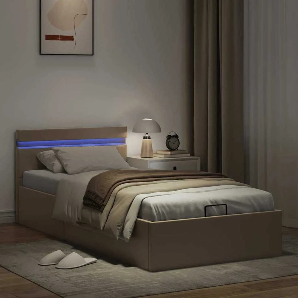 Lovos rėmas su LED/daiktadėže, rudas, 100x200cm, dirbtinė oda