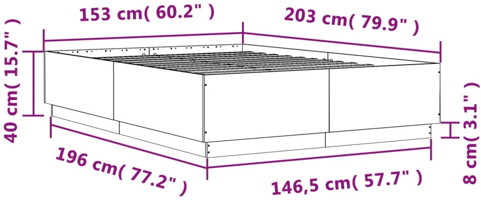 Lovos rėmas su LED, dūminio ąžuolo, 150x200cm, apdirbta mediena