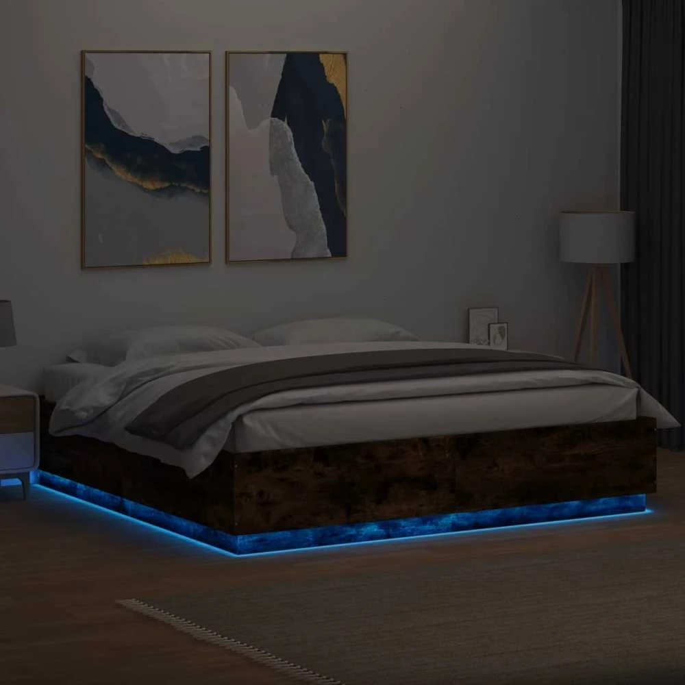 Lovos rėmas su LED, dūminio ąžuolo, 200x200cm, apdirbta mediena