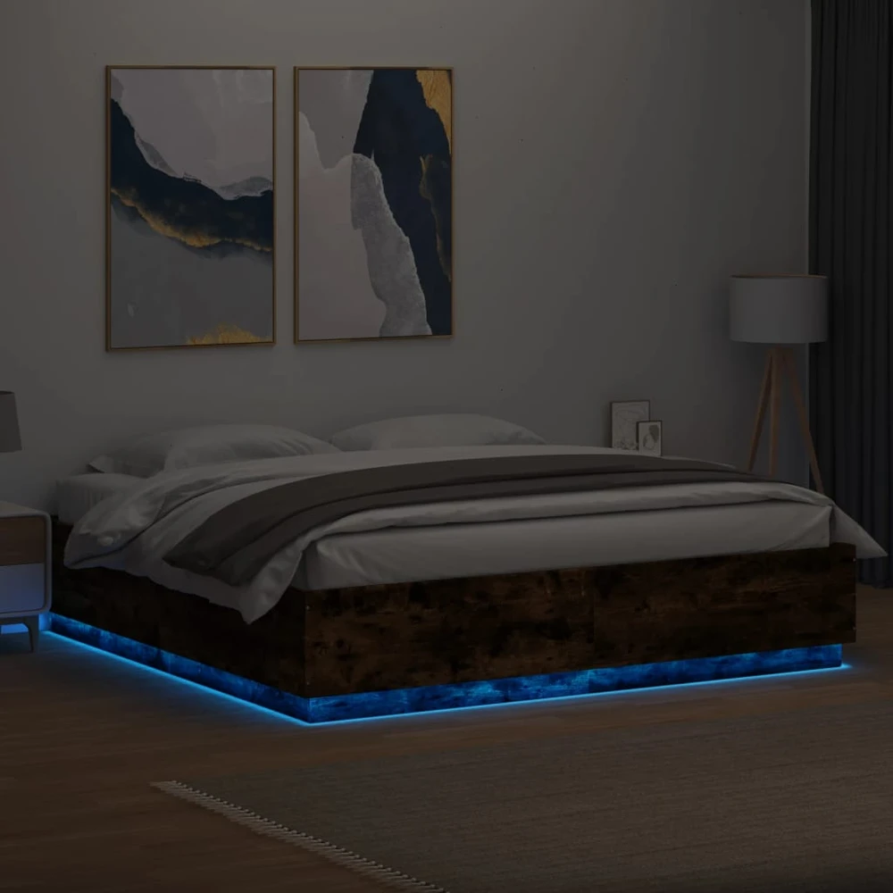 Lovos rėmas su LED, dūminio ąžuolo, 200x200cm, apdirbta mediena