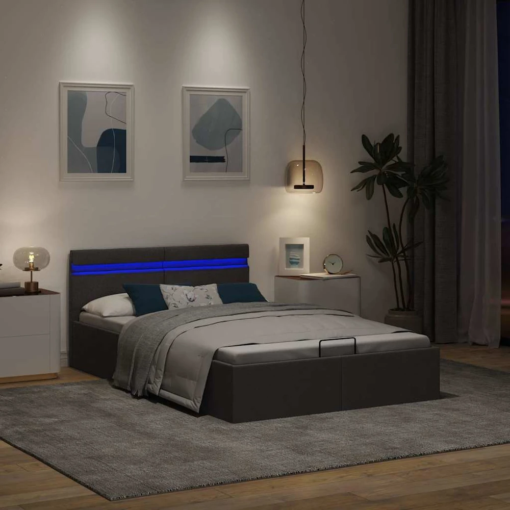 Lovos rėmas su LED ir daiktadėže, pilkas, 140x200cm, audinys
