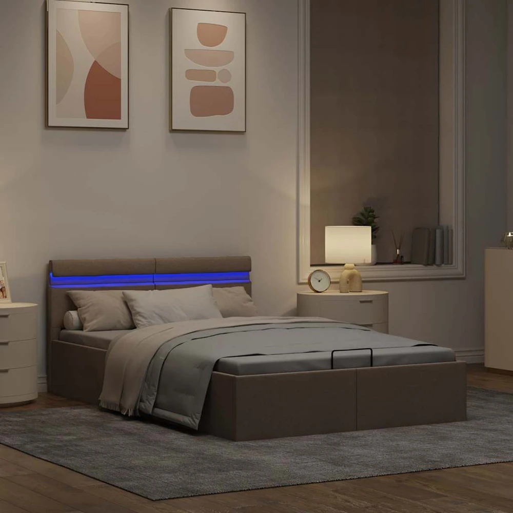 Lovos rėmas su LED ir daiktadėže, taupe, 120x200cm, audinys