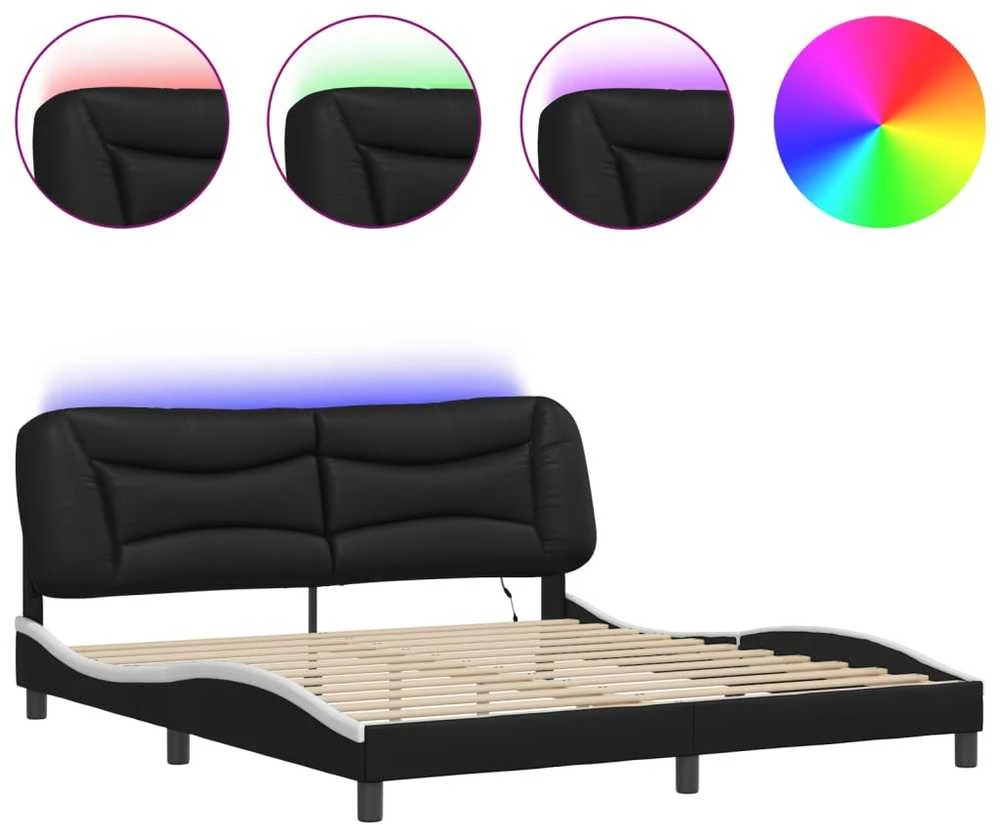 Lovos rėmas su LED, juodas ir baltas, 180x200cm, dirbtinė oda