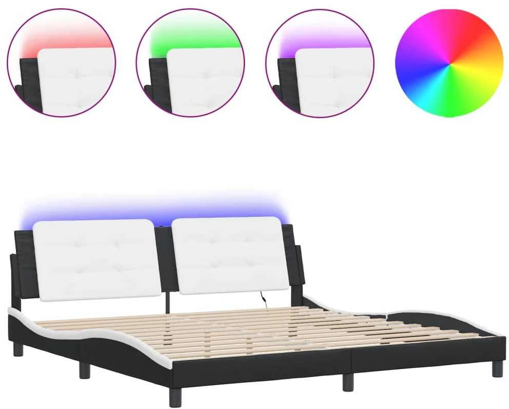 Lovos rėmas su LED, juodas ir baltas, 200x200cm, dirbtinė oda