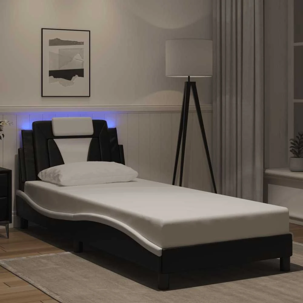 Lovos rėmas su LED, juodas ir baltas, 90x200cm, dirbtinė oda