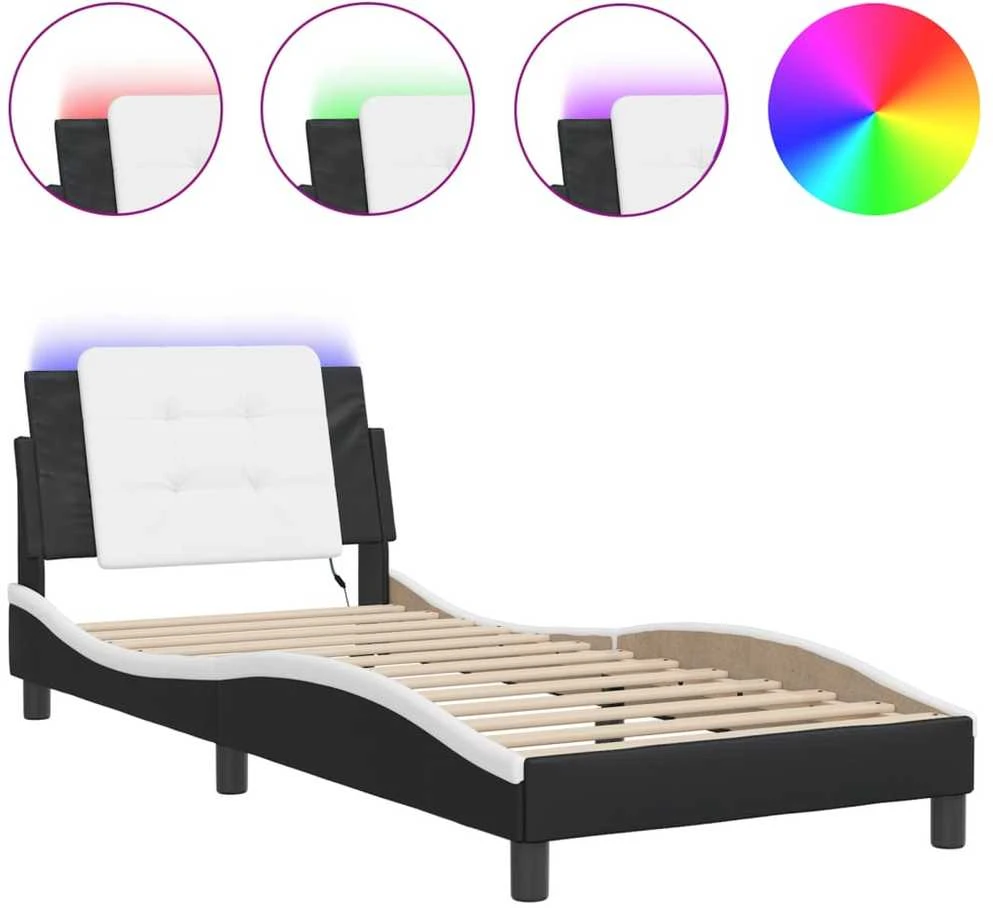 Lovos rėmas su LED, juodas ir baltas, 90x200cm, dirbtinė oda