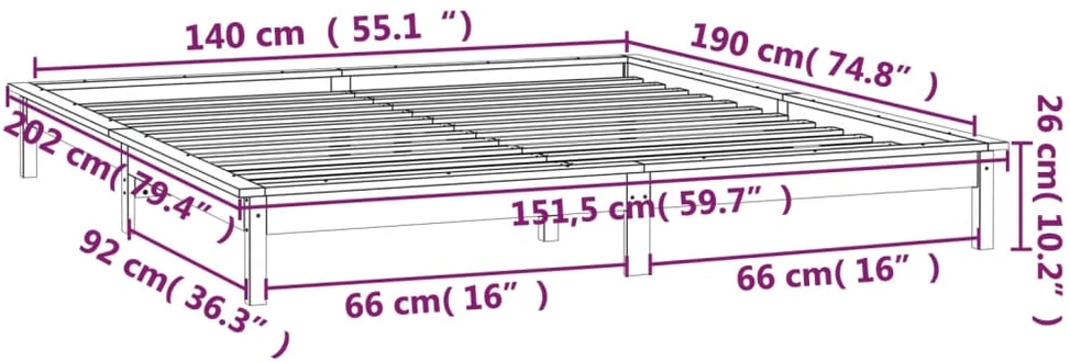 Lovos rėmas su LED, juodos spalvos, 140x190cm, medienos masyvas