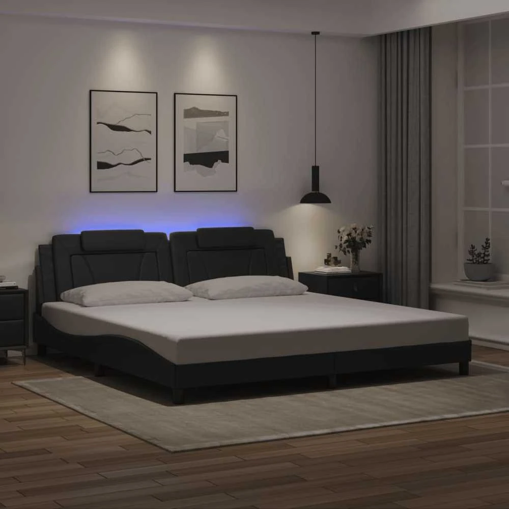 Lovos rėmas su LED, juodos spalvos, 200x200cm, dirbtinė oda
