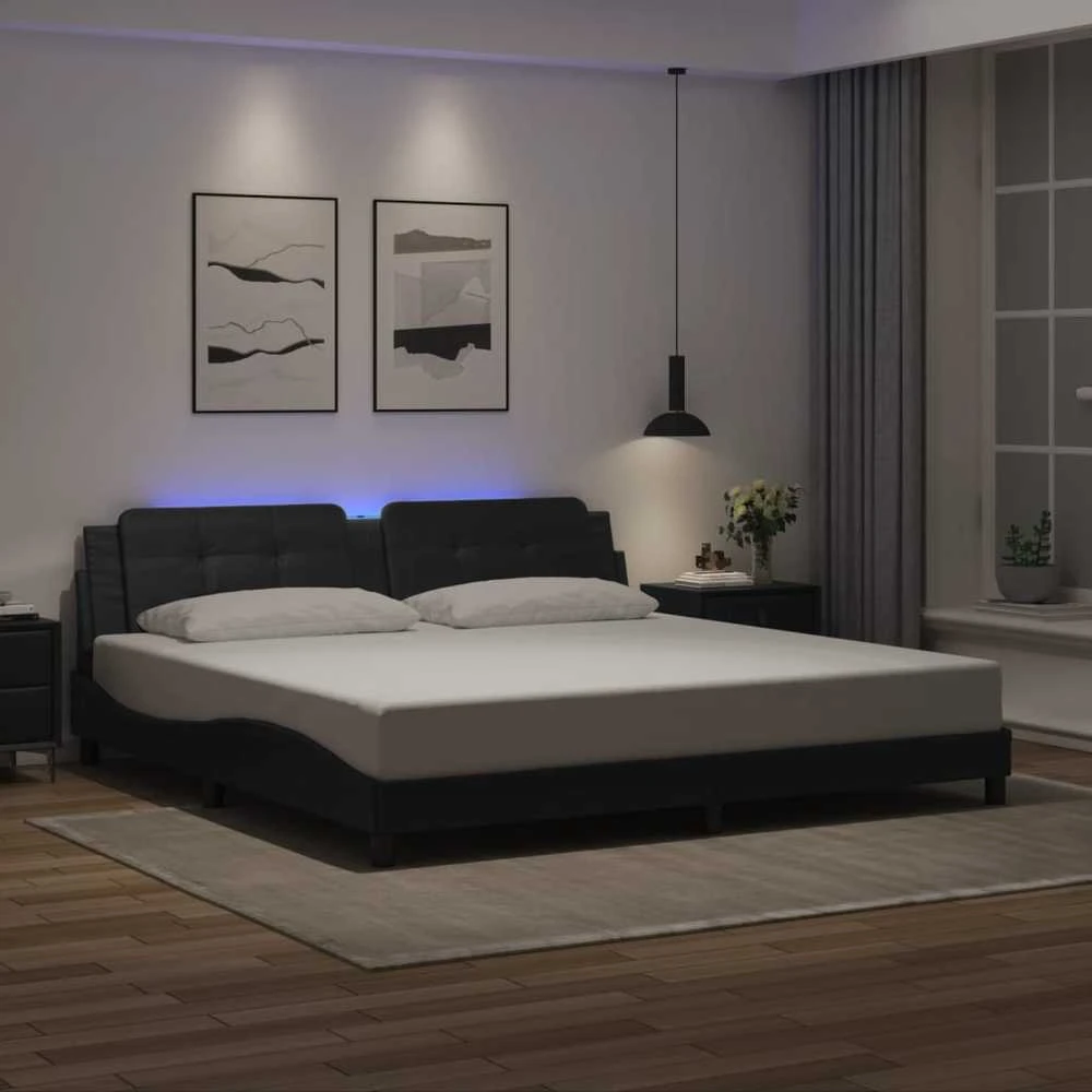 Lovos rėmas su LED, juodos spalvos, 200x200cm, dirbtinė oda
