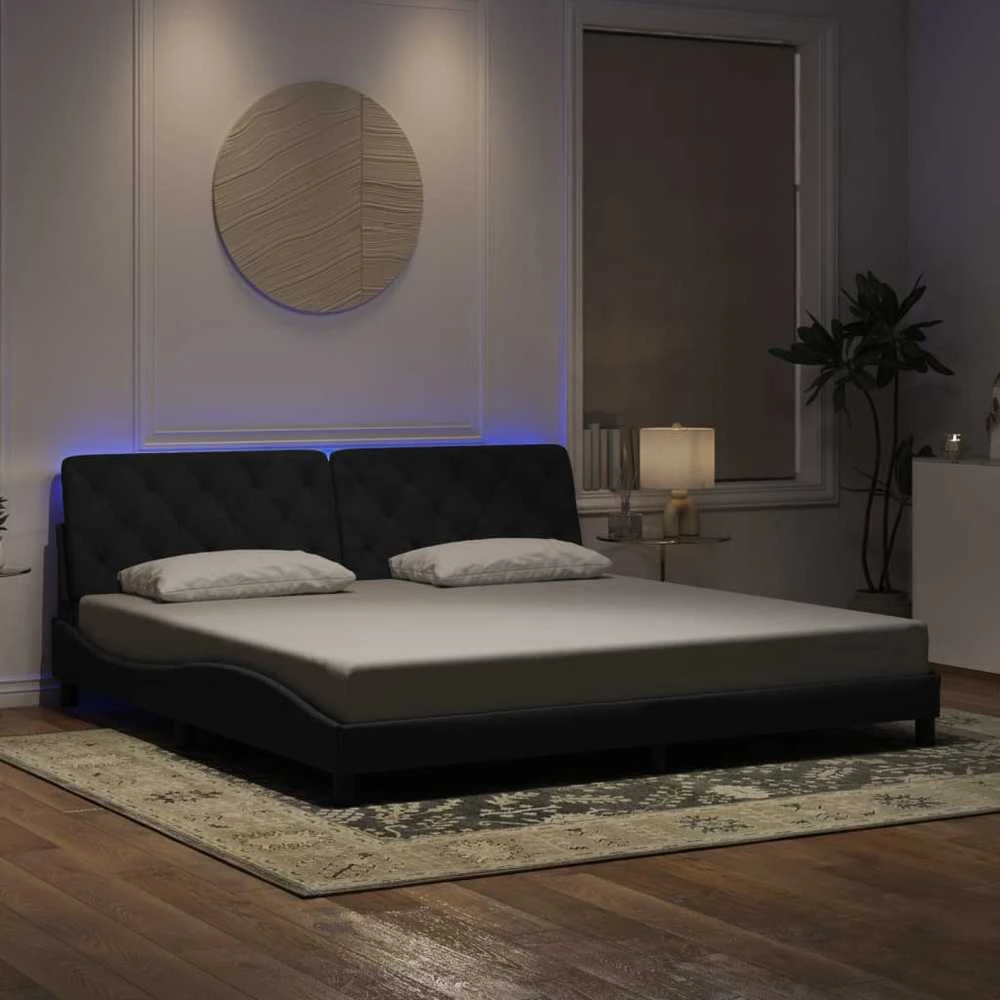 Lovos rėmas su LED, juodos spalvos, 200x200cm, aksomas