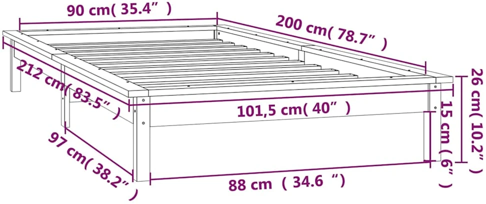 Lovos rėmas su LED, juodos spalvos, 90x200cm, medienos masyvas