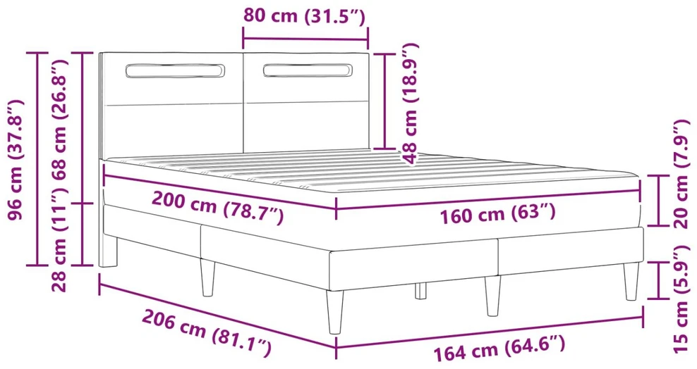 Lovos rėmas su LED juostelėmis Juoda 160 x 200 cm Dirbtinė oda