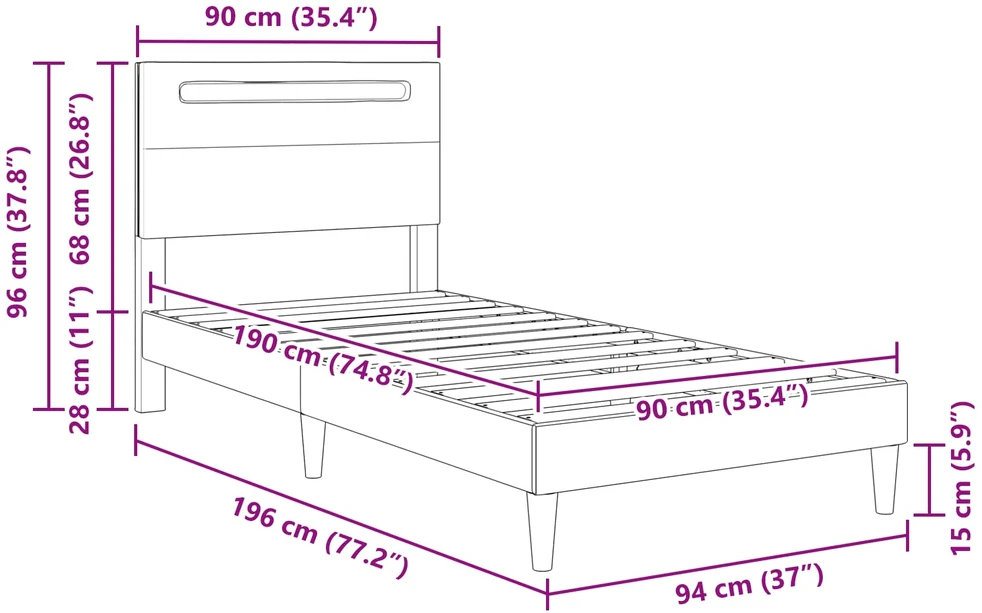 Lova Lovos rėmas su LED juostelėmis Juoda 90 x 190 cm Dirbtinė oda