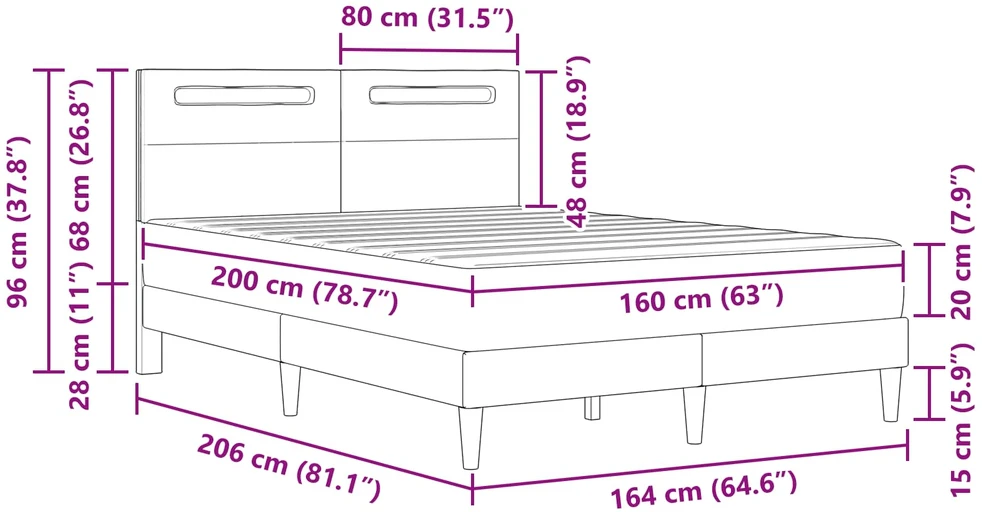 Lovos rėmas su LED juostelėmis Pilka 160 x 200 cm Dirbtinė oda