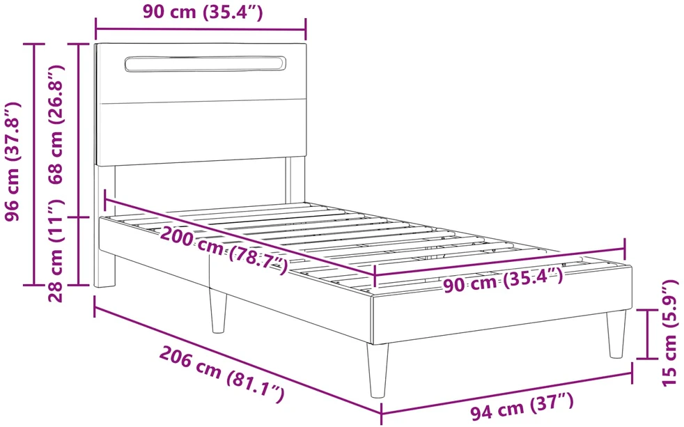 Lova Lovos rėmas su LED juostelėmis Pilka 90 x 200 cm Dirbtinė oda