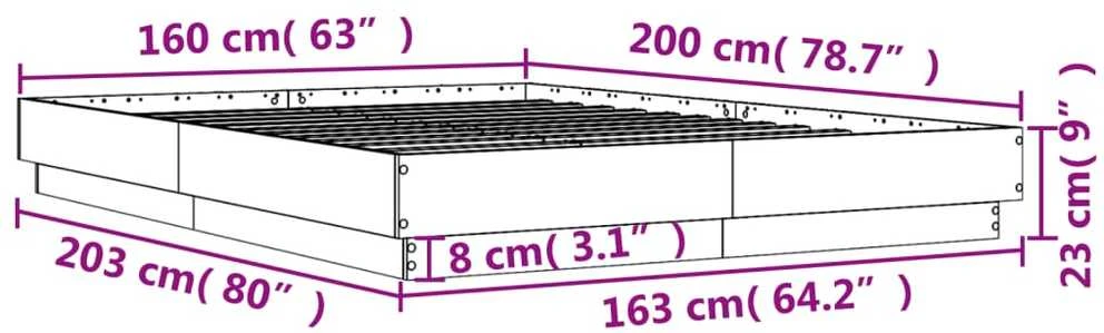 Lovos rėmas su LED lemputėmis, pilkos ąžuolo spalvos, 160x200cm