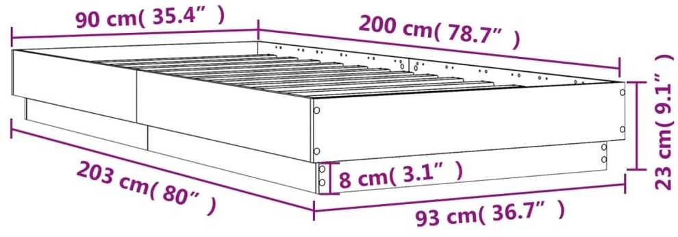 Lovos rėmas su LED lemputėmis, rudos ąžuolo spalvos, 90x200cm