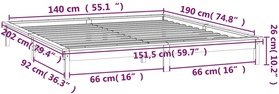 Lovos rėmas su LED, medaus rudas, 140x190cm, medienos masyvas