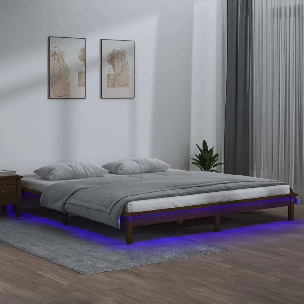 Lovos rėmas su LED, medaus rudas, 140x200cm, medienos masyvas