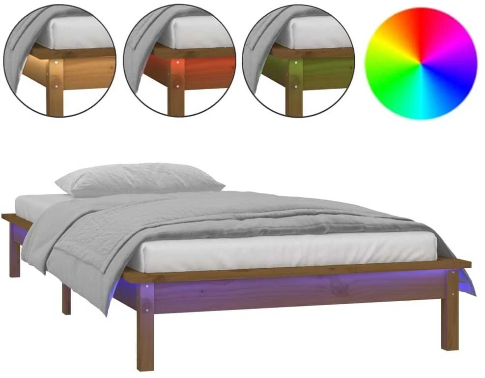 Lovos rėmas su LED, medaus rudas, 75x190cm, mediena, vienvietis
