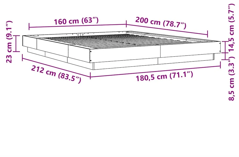 Lovos rėmas su LED, pilkas ąžuolo, 160x200cm, apdirbta mediena