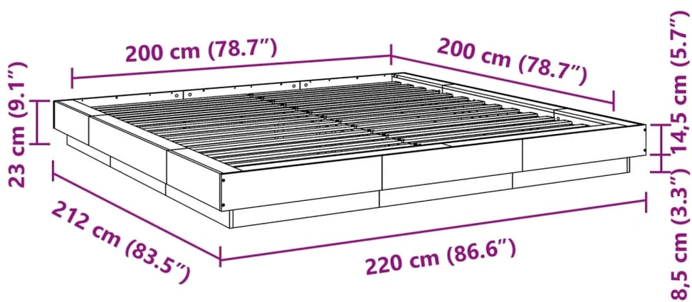 Lovos rėmas su LED, pilkas ąžuolo, 200x200cm, apdirbta mediena