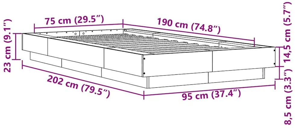 Lovos rėmas su LED, pilkas ąžuolo, 75x190cm, apdirbta mediena