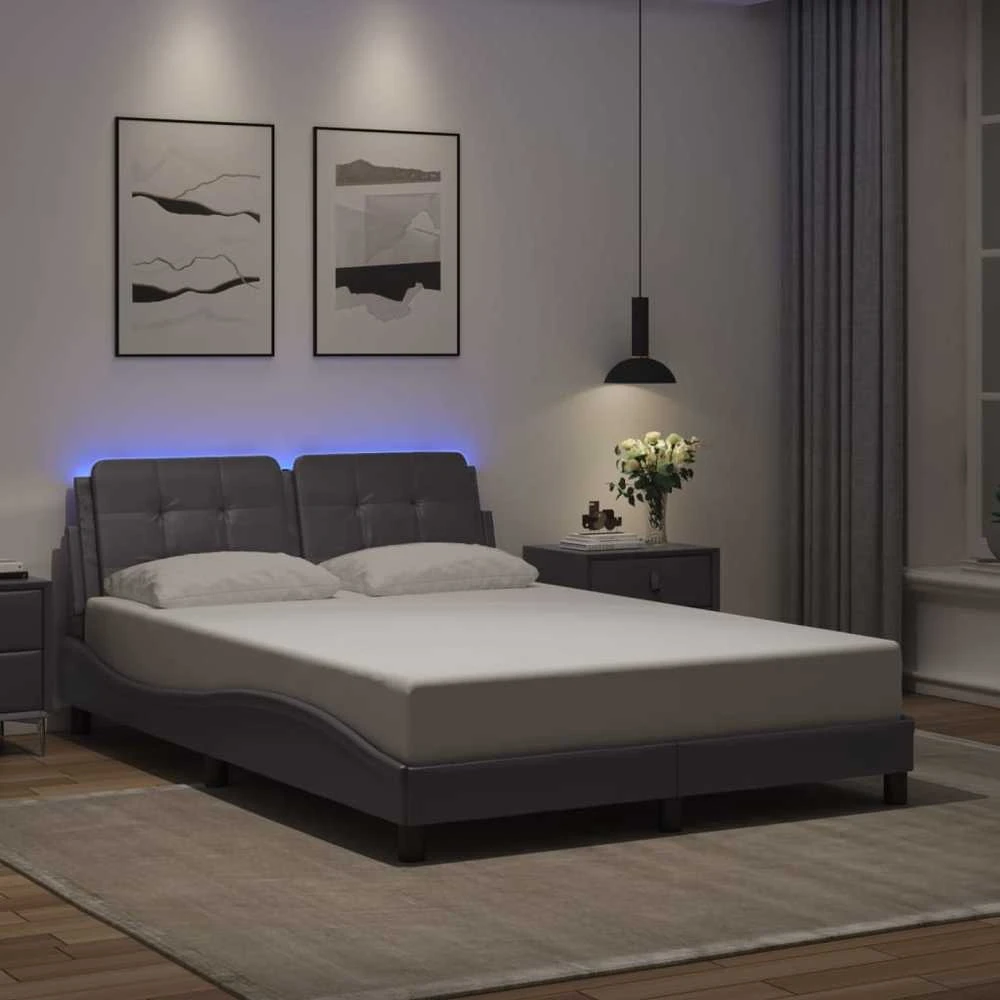 Lovos rėmas su LED, pilkos spalvos, 140x190cm, dirbtinė oda
