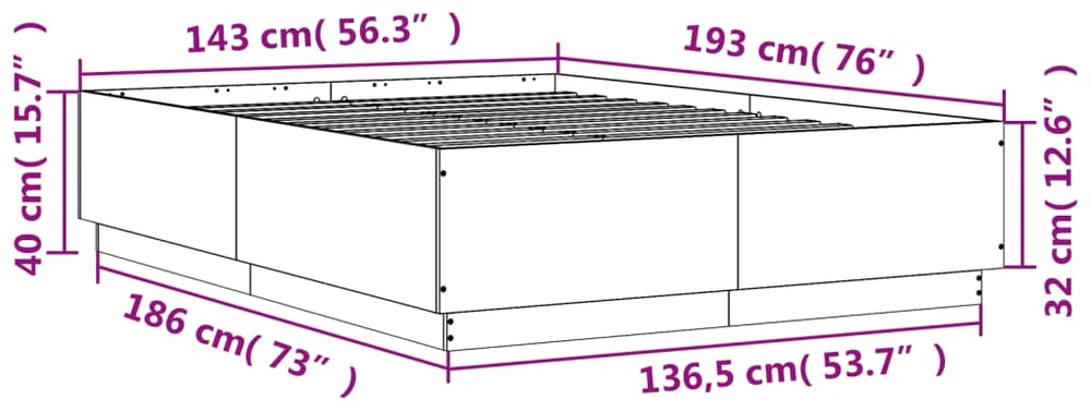 Lovos rėmas su LED, rudas ąžuolo, 140x190cm, apdirbta mediena