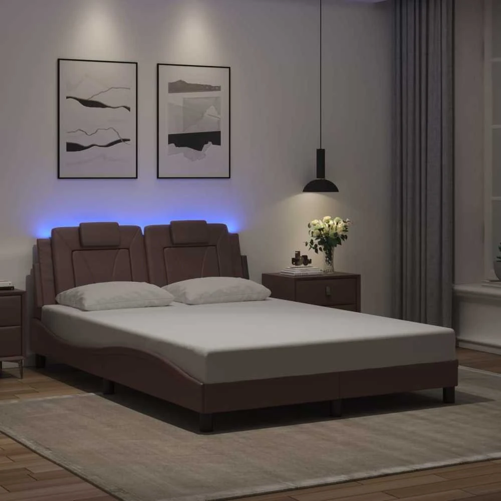 Lovos rėmas su LED, rudos spalvos, 140x190cm, dirbtinė oda