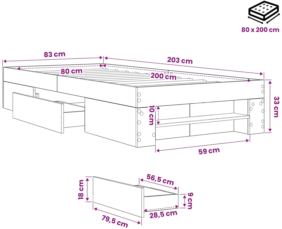 Lova Lovos rėmas su saugojimu Balta 80 x 200 cm Apdirbta mediena