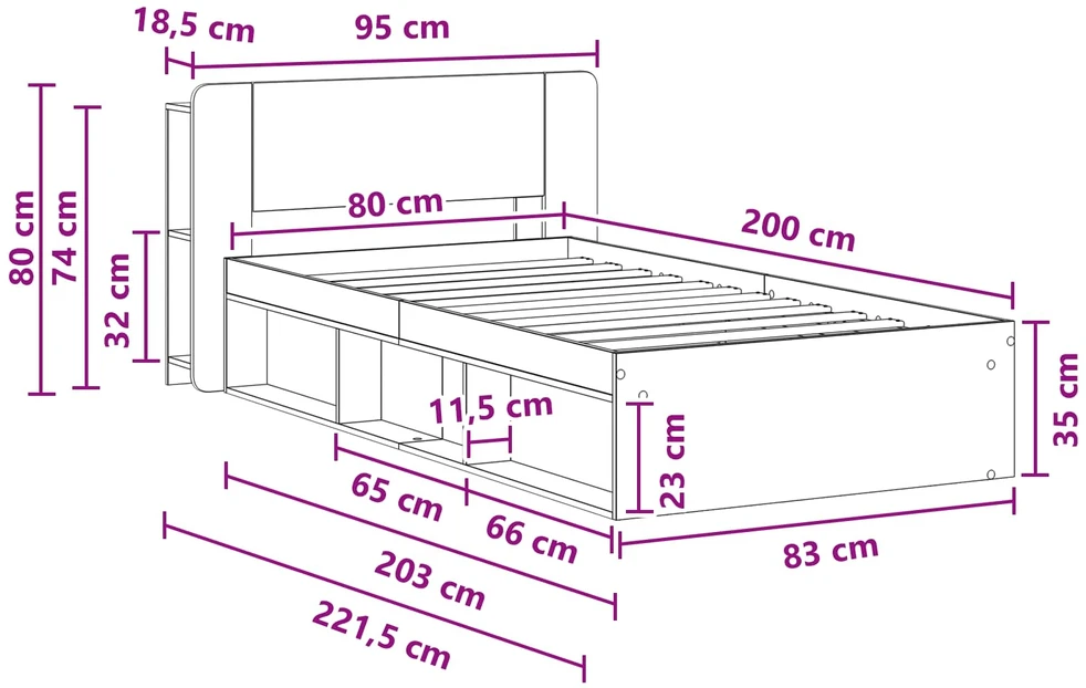 Lova Lovos rėmas su saugojimu Dūminio ąžuolo 80 x 200 cm