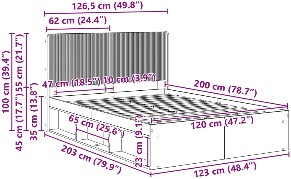 Lova Lovos rėmas su saugojimu ir nugara Dūminio ąžuolo 120 x 200 cm