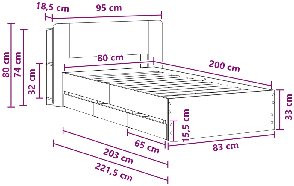 Lova Lovos rėmas su saugojimu ir nugara Dūminio ąžuolo 80 x 200 cm