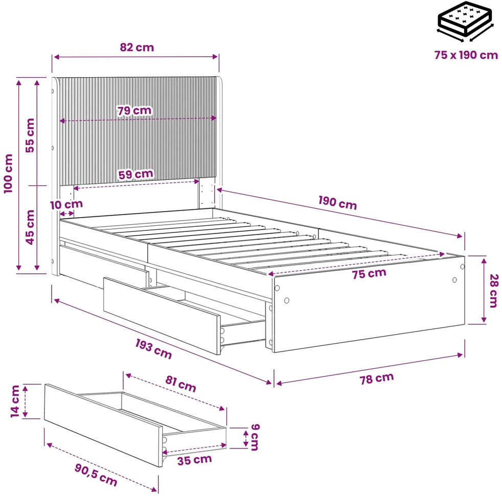 Lova Lovos rėmas su saugojimu ir nugara Dūminio ąžuolo 75 x 190 cm