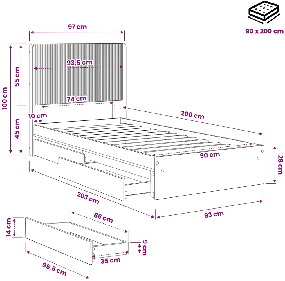 Lova Lovos rėmas su saugojimu ir nugara Pilka Sonoma 90 x 200 cm