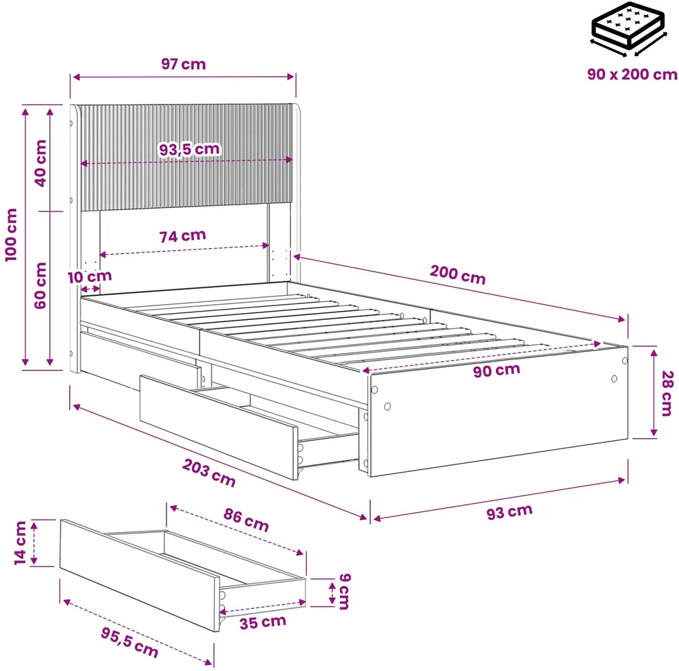 Lova Lovos rėmas su saugojimu ir nugara Pilka Sonoma 90 x 200 cm