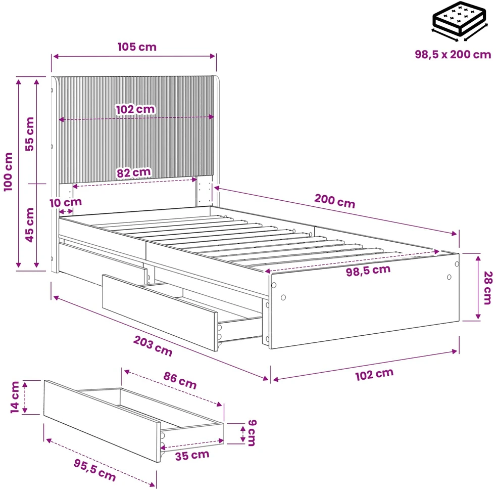 Lova Lovos rėmas su saugojimu ir nugara Sonoma ąžuolas 100 x 200 cm