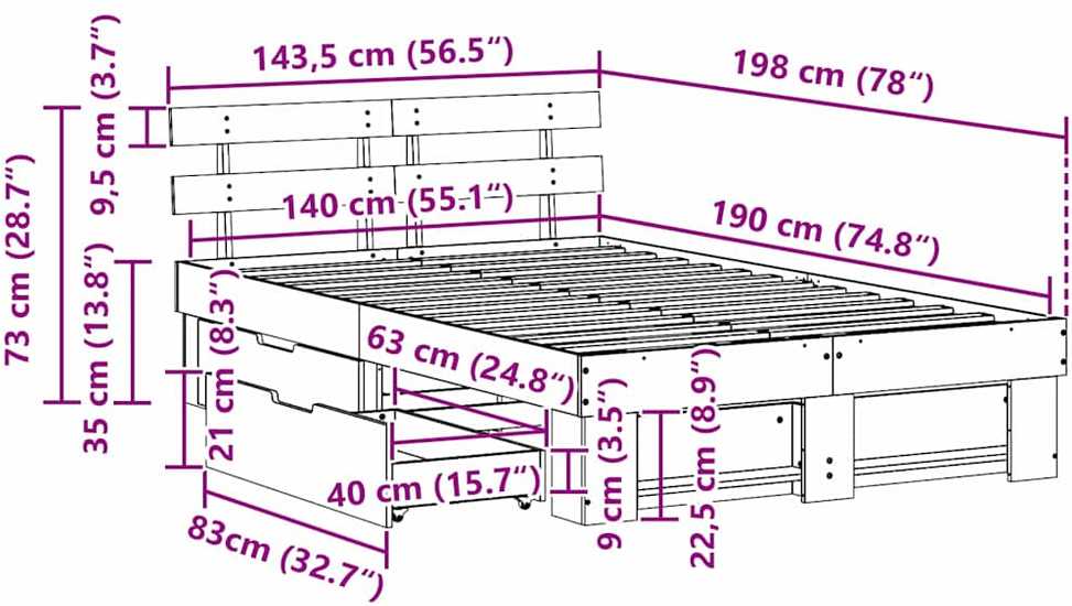 Lovos rėmas su stalčių Ruda 140 x 190 cm Kietos pušies mediena