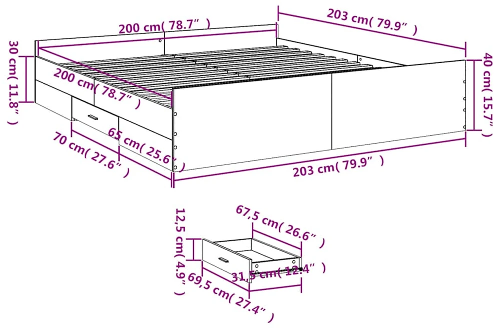 Lovos rėmas su stalčiais, ąžuolo, 200x200cm, apdirbta mediena