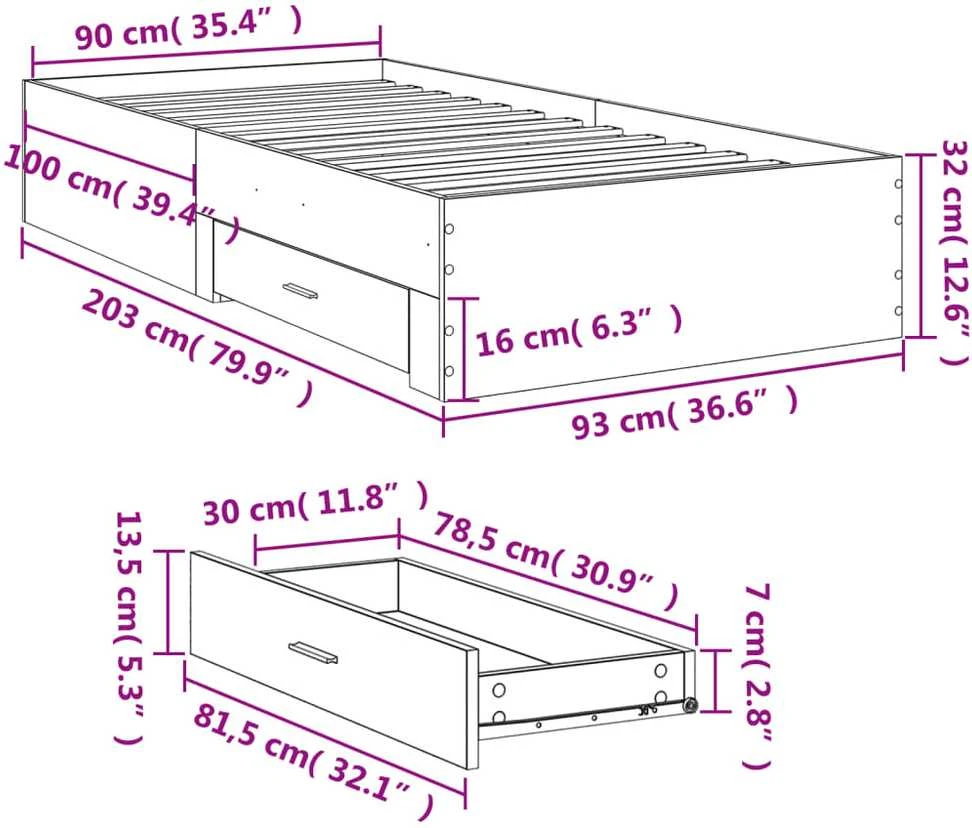 Lovos rėmas su stalčiais, dūminio ąžuolo, 90x200cm, mediena