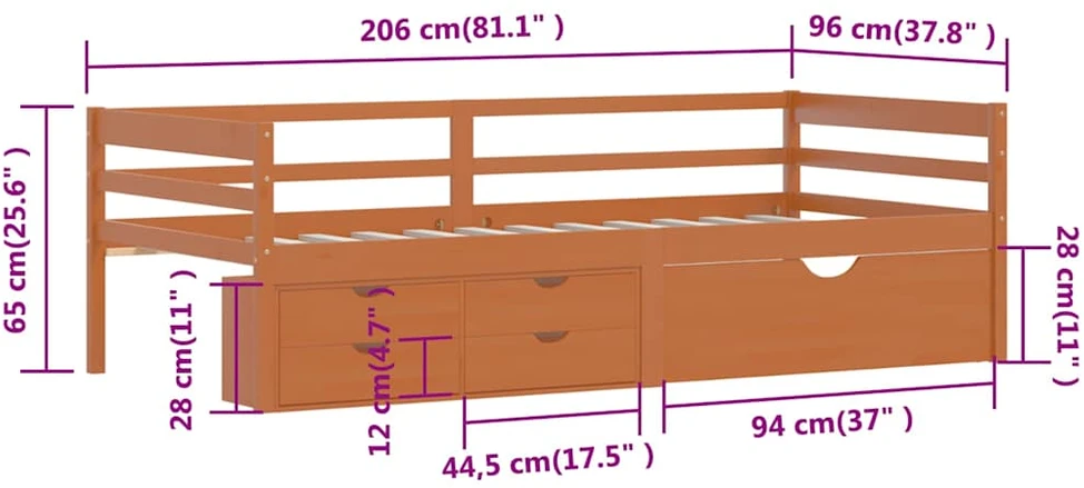 Lovos rėmas su stalčiais ir spintele, rudas, 90x200cm, pušis