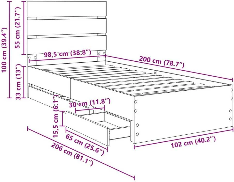 Lova Lovos rėmas su stalčių Balta 100 x 200 cm Inžinerinė mediena