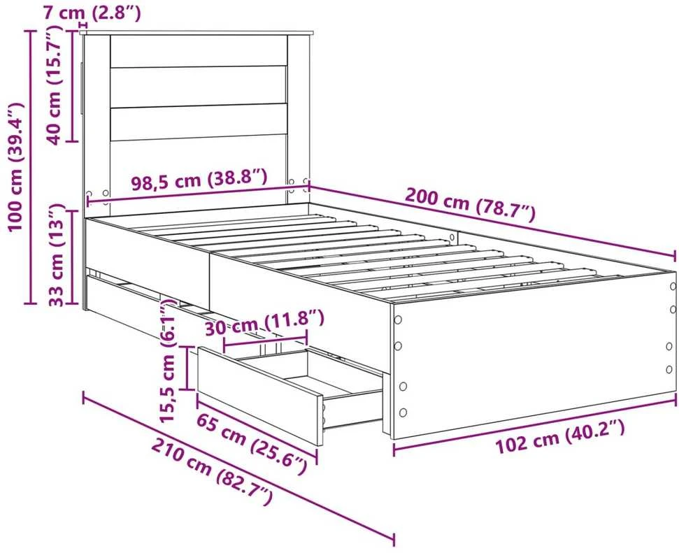 Lova Lovos rėmas su stalčių Balta 100 x 200 cm Inžinerinė mediena